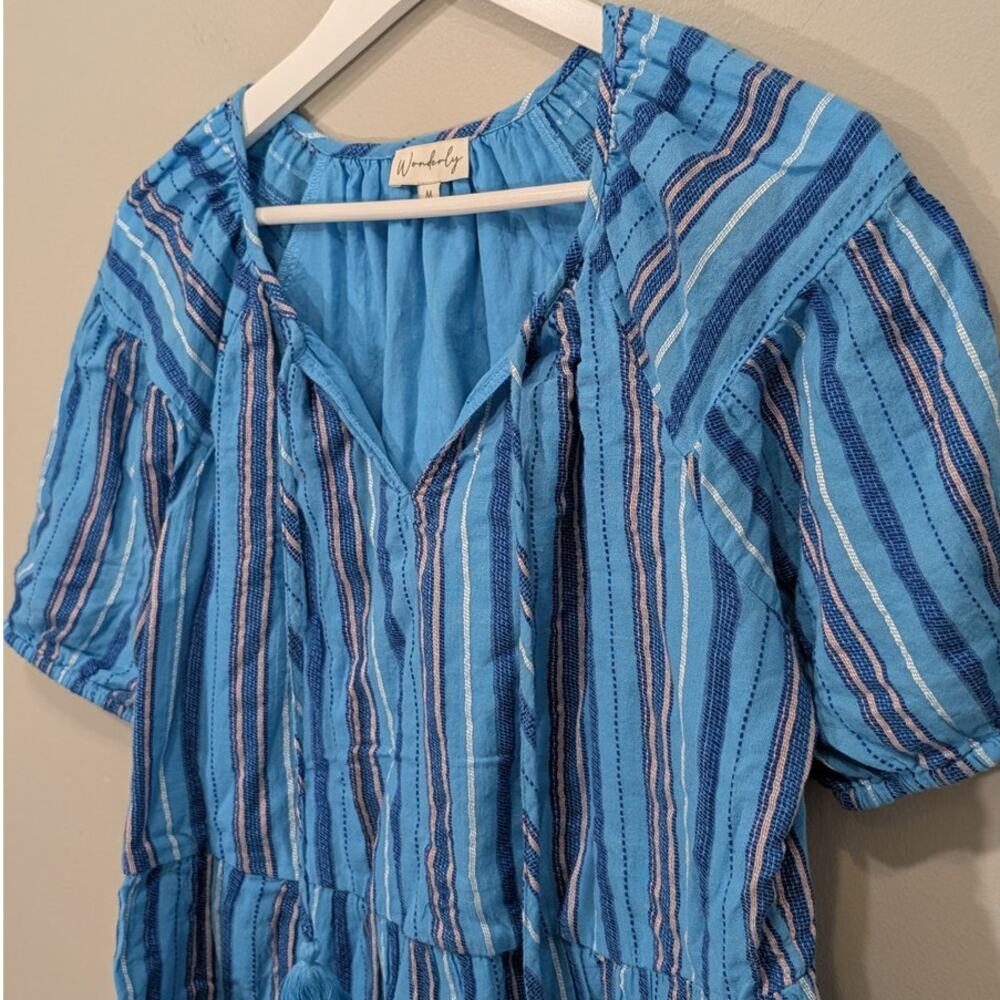 Wonderly Dress Split Neck Mini Cotton Brunch Breezy Coastal Boho Chic - Size M - Picture 3 of 6